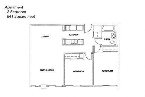 Floor plan for 2 beds, 1 bath, 841 sqft